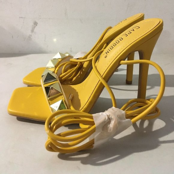 NWT CAPE ROBBIN AIGO GOLD STUDDED LACE UP HEELS YELLOW 5.5 - Picture 10 of 16